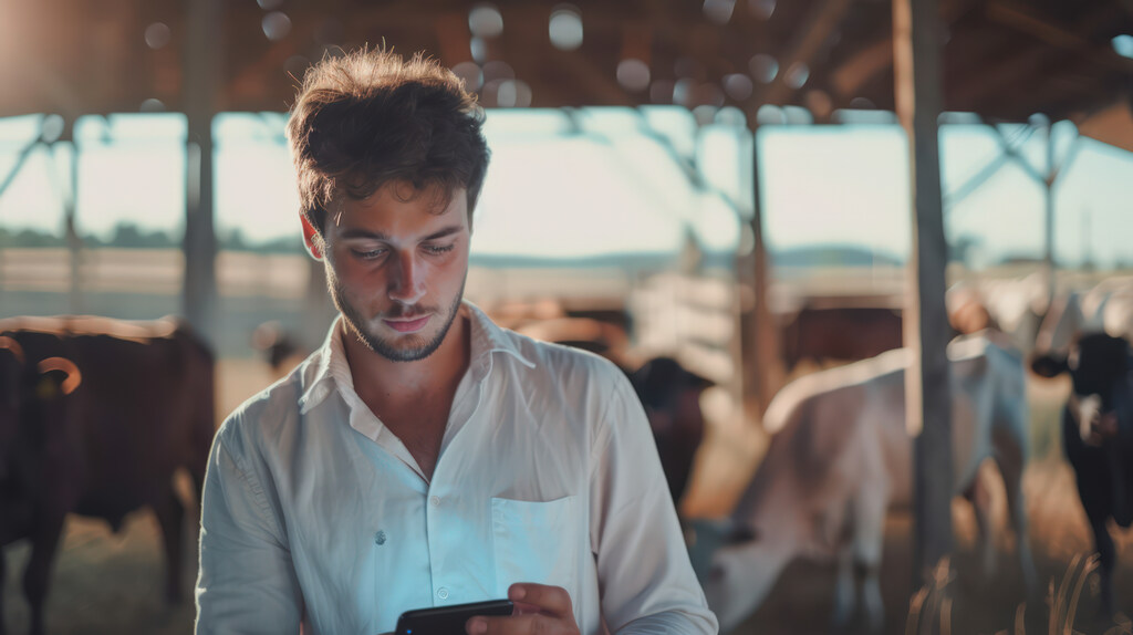 Um produtor rural no curral, olhando o celular, com vacas ao fundo. Imagem simples e forte: o jeito tradicional do campo caminhando junto com a tecnologia de hoje.