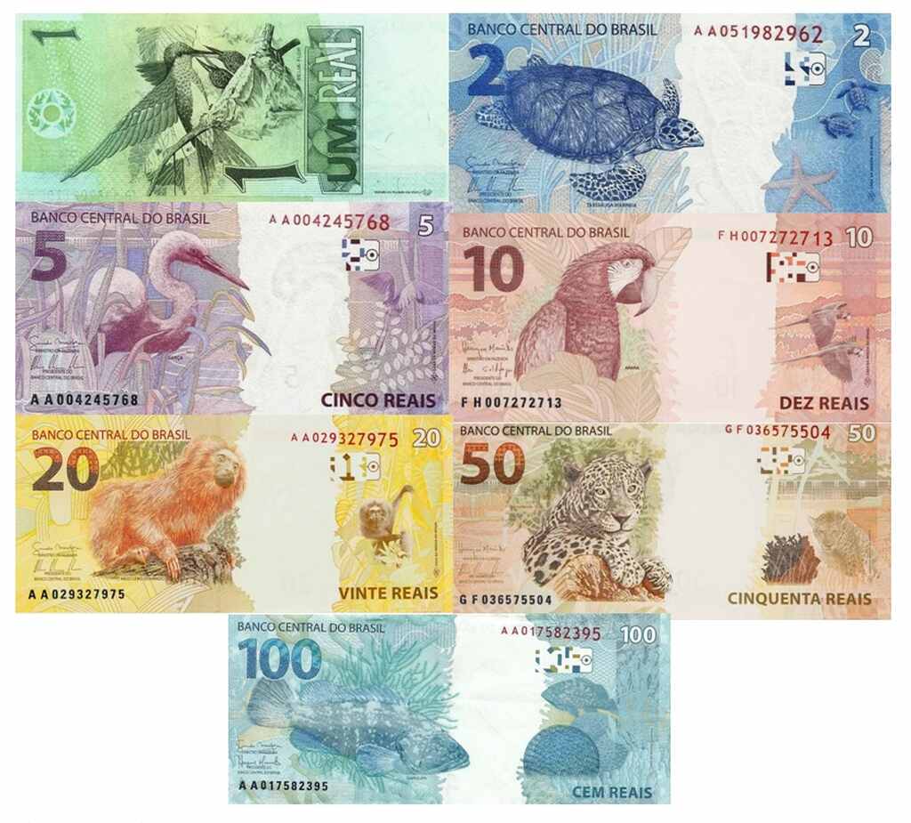 Uma colagem exibindo o anverso e o reverso de sete cédulas de Real brasileiro de diferentes valores. As notas mostram animais da fauna brasileira: o beija-flor (1 Real, verde), a tartaruga-marinha (2 Reais, azul), a garça (5 Reais, roxo), a arara (10 Reais, carmim), o mico-leão-dourado (20 Reais, amarelo), a onça-pintada (50 Reais, marrom) e a garoupa (100 Reais, azul-turquesa).