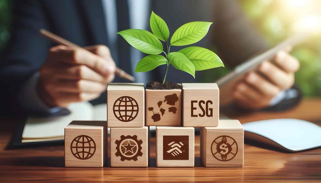 Cubos de madeira empilhados sobre uma mesa, com ícones representando globalização, logística e a sigla "ESG". No topo da pilha central, uma pequena planta verde cresce a partir de um punhado de terra. Ao fundo, uma pessoa em traje profissional manuseia papéis e uma caneta, simbolizando gestão sustentável.