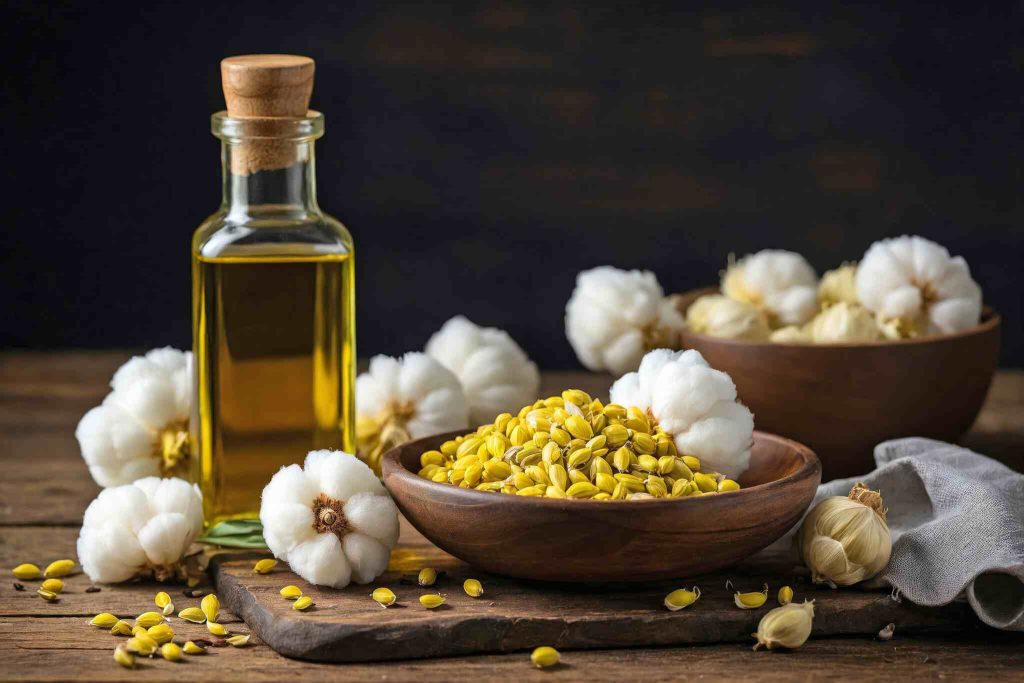 Uma garrafa de vidro com óleo de algodão dourado ao lado de uma tigela de madeira cheia de sementes e capulhos de algodão branco sobre uma mesa rústica.