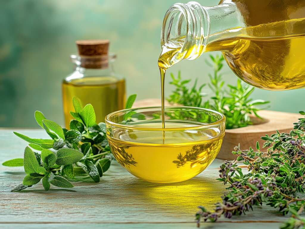 óleo de algodão sendo servido em recipiente com ervas naturais ao redor