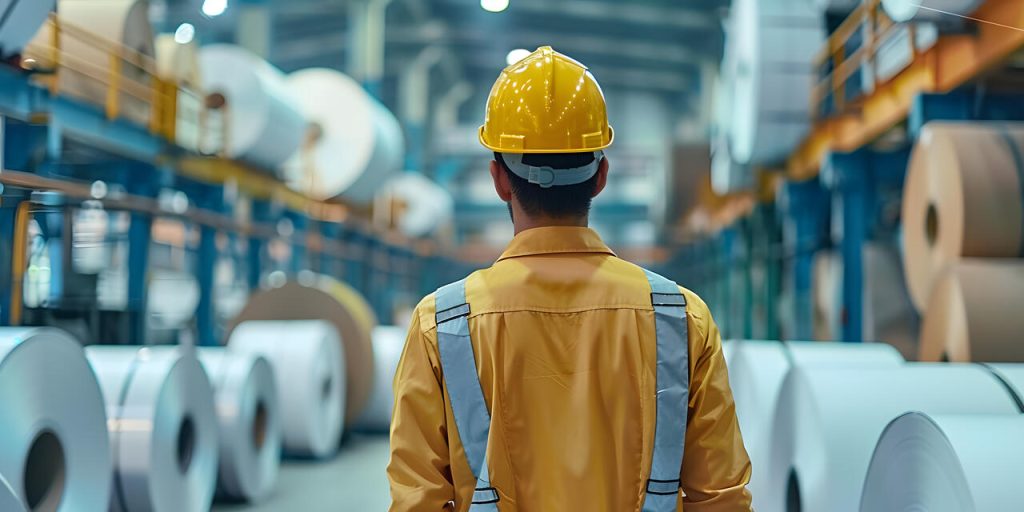 Trabalhador com capacete em fábrica de papel observando bobinas industriais