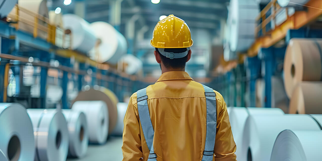 Trabalhador com capacete em fábrica de papel observando bobinas industriais