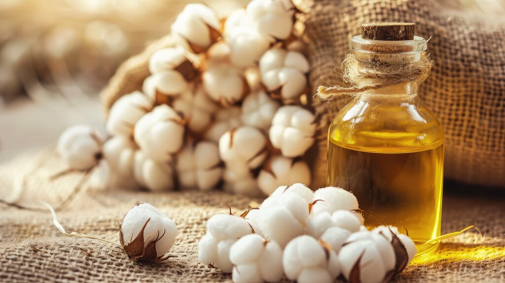 Óleo de algodão com algodões ao fundo, opção de melhor óleo para cozinhar em altas temperaturas