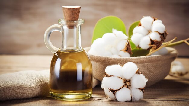 Óleo vegetal de algodão em frasco ao lado da planta, representando um dos tipos de óleo vegetal usados na cozinha