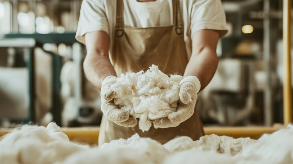 Trabalhador segurando algodão cru em ambiente industrial, mostrando o processamento da fibra natural
