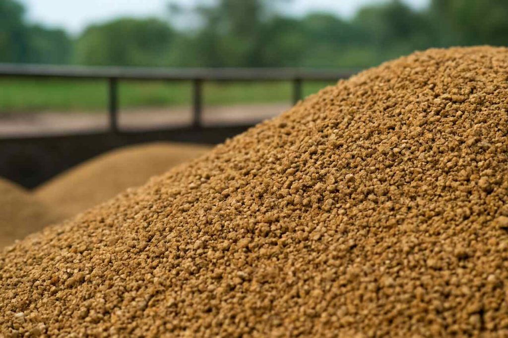 grande quantidade de farelo de algodão armazenado para uso agrícola