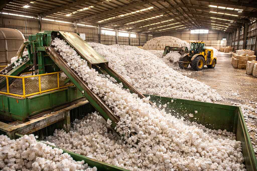 processamento de algodão no campo com colheitadeira operando em lavoura e formação de fardos