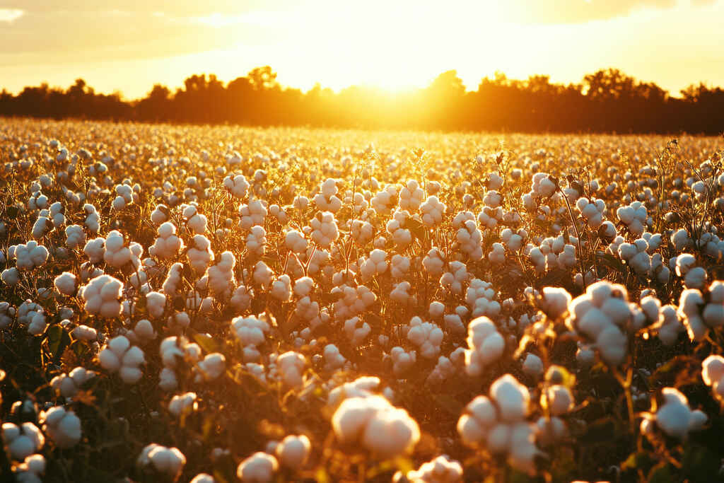 Plantação de algodão ao pôr do sol com flores brancas no campo durante a colheita