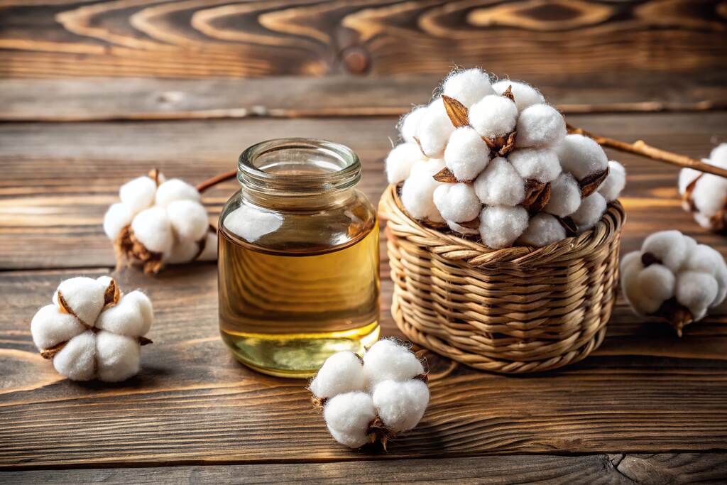 Óleo de algodão em vidro ao lado de fibras naturais de algodão em mesa rústica